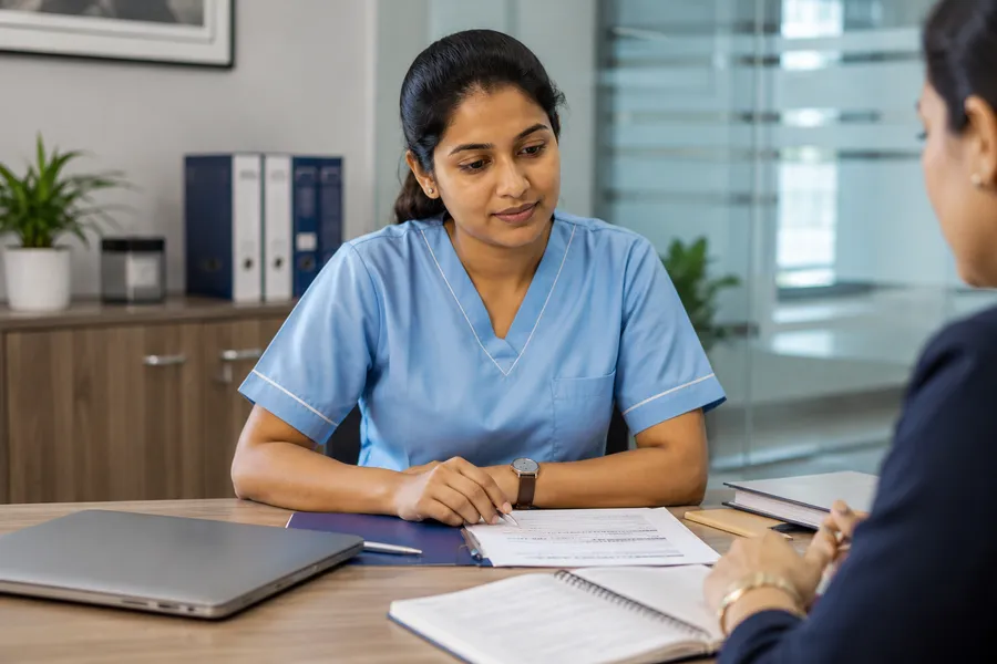Nurse in a one-on-one consultation pointing a pen at a document