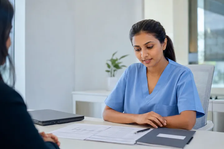 Nurse reviewing documents at a desk together with an advisor