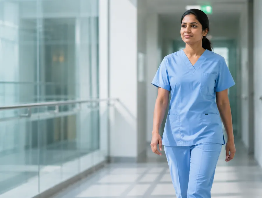Indian nurse in scrubs walking through a bright modern glass hospital corridor