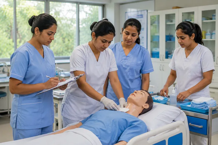 Four nursing trainees practicing around a training manikin in a bright skills lab