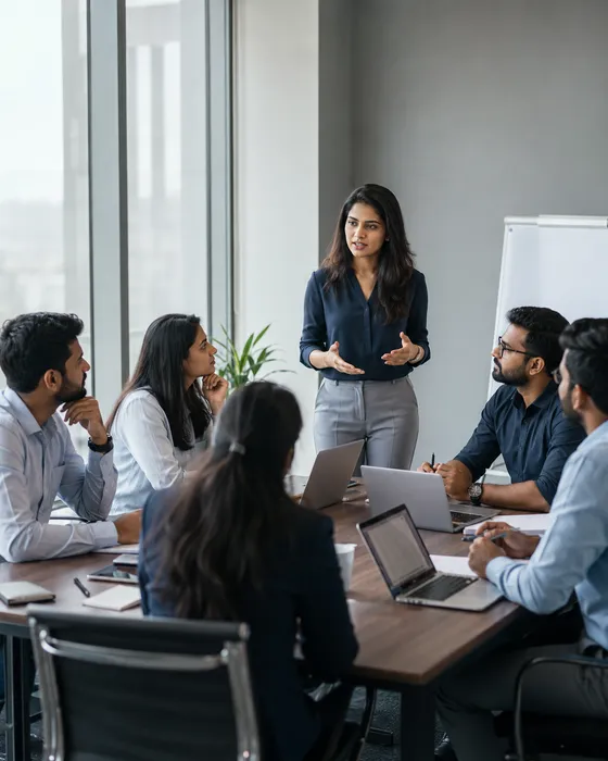 Trainer presenting business communication strategies to a team around a conference table