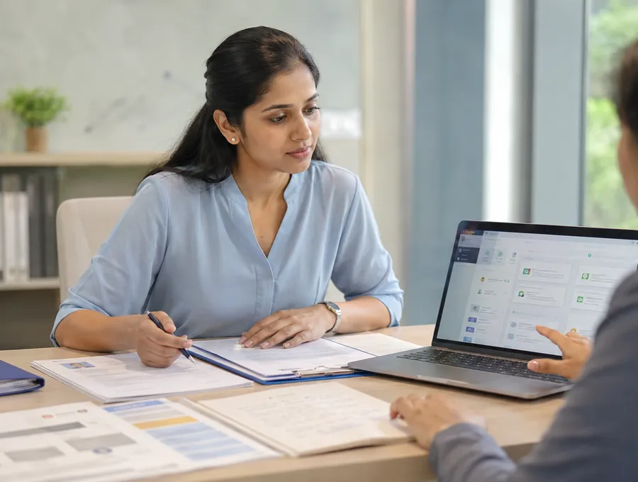 ON7 India advisor and candidate reviewing documents together at a desk