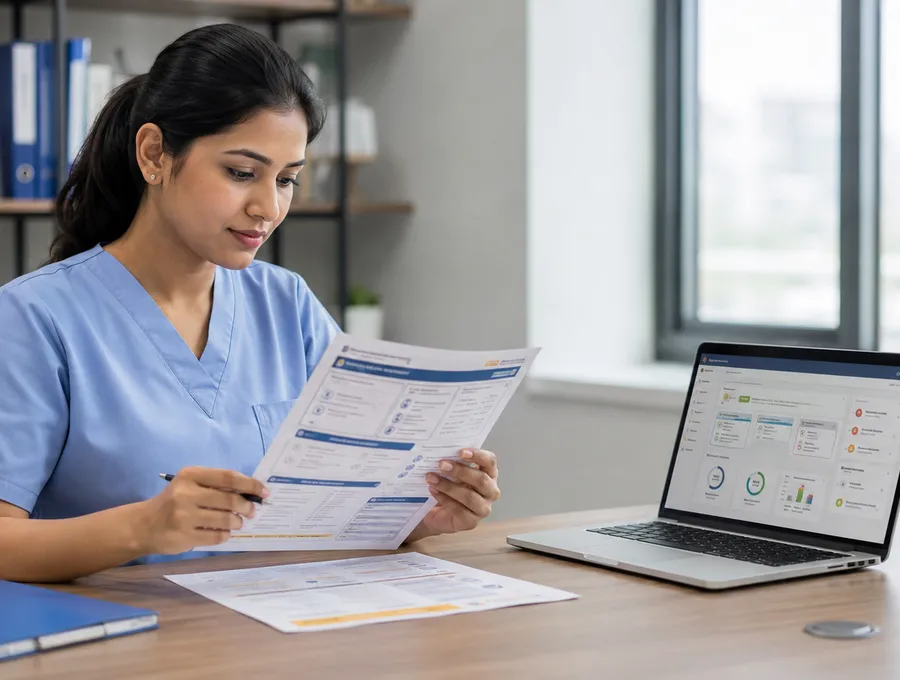 Indian nurse in scrubs reviewing printed documents at a desk