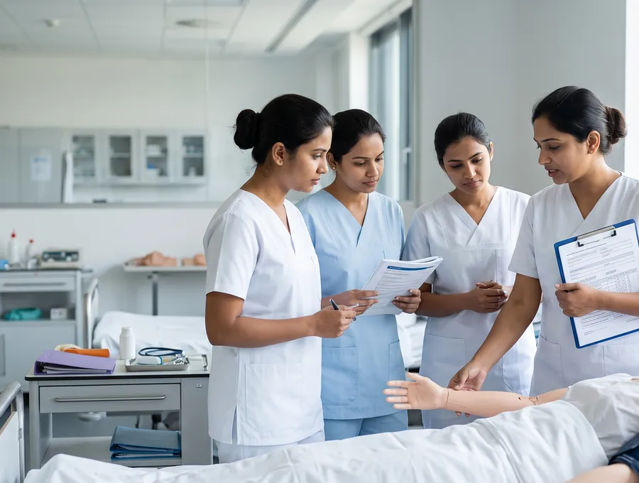 Nursing trainees reviewing documents in the Oncademy Care skills lab in Germany