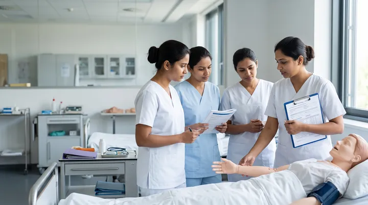 Nursing trainees reviewing documents beside a training manikin in a skills lab